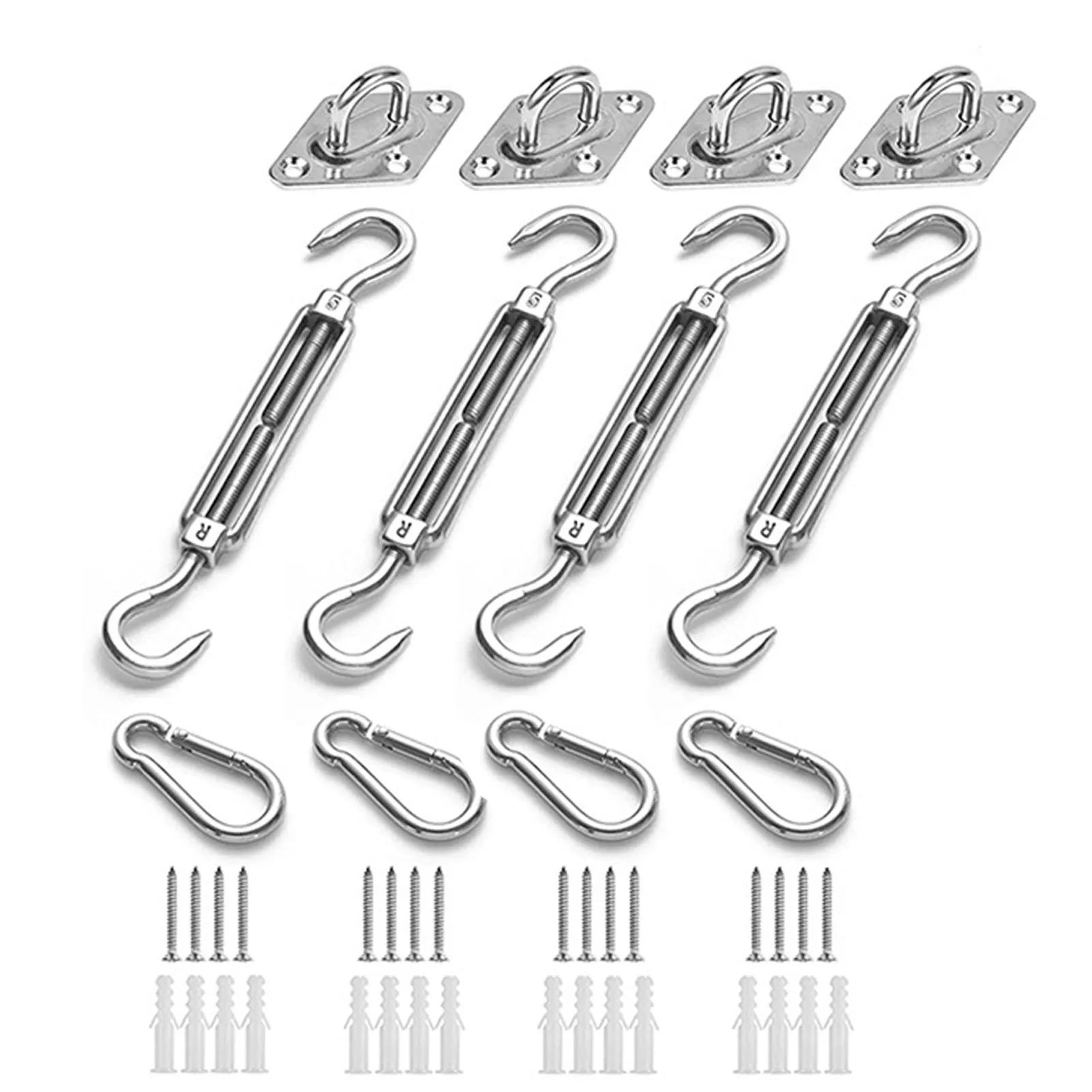 4PCS Adjust Chain Rigging Hooks & Eye Turnbuckle Wire Rope 304 Stainless Steel M6 Tension Device Line Triangle Shade Sail Kit