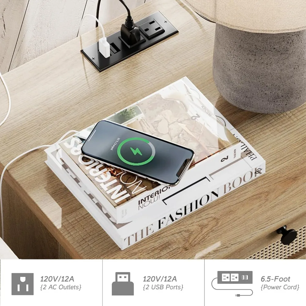 Farmhouse End Table with Charging Station, Wood Side Table with Power Outlets & USB Ports, Rattan Nightstand with Drawer