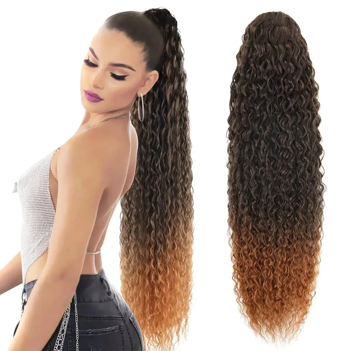 24 Inch Long Curly Synthetic Wig with Drawstring Ponytail Style Heat Resistant Clip in Hair Extension for Women and Girls