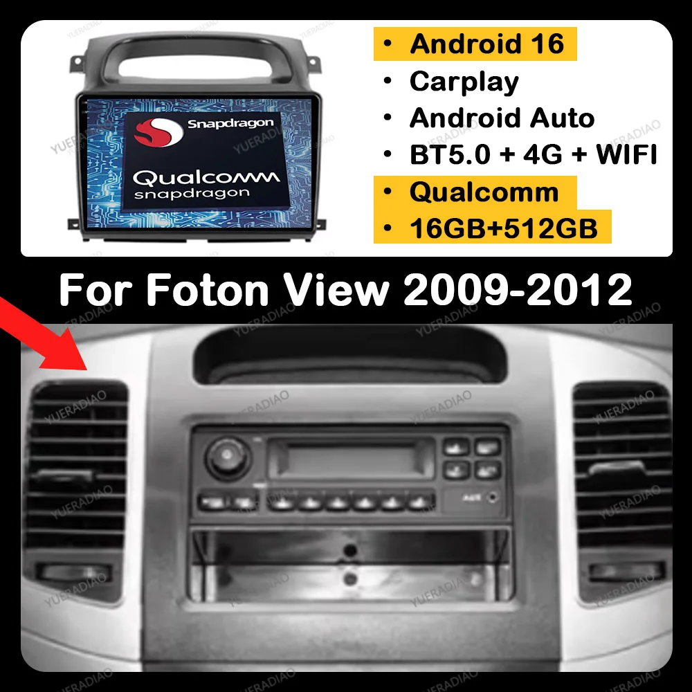Radio para Auto Android 16 para Foton View 2009-2012, GPS NAVI QLED BT, Unidad Principal Qualcomm, Reproductor Multimedia de Video, 4G LTE, 5G WIFI, 2DIN