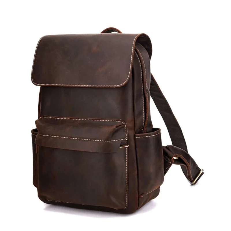 High Quality Crazy Horse Cowhide Backpack School Daypack Large Capacity Laptop Bag Genuine Leather Travel Knapsack Men Rucksack