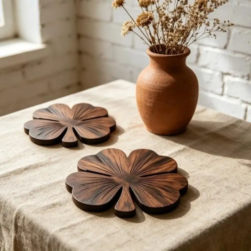 Natural Wood 2D Flat Palm Leaf Coasters 4Pcs Luxurious Desktop Protection Pads for Outdoor Patio Table Use