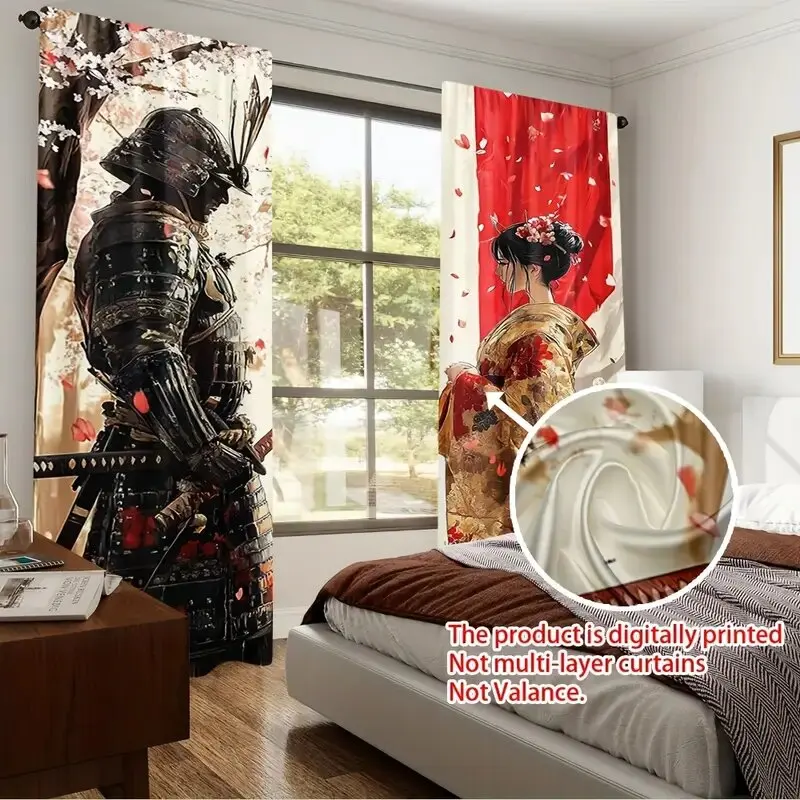2 pieces - Japanese samurai Geisha pattern Christmas printed curtains, pole bag curtains, home decoration, room decoration,
