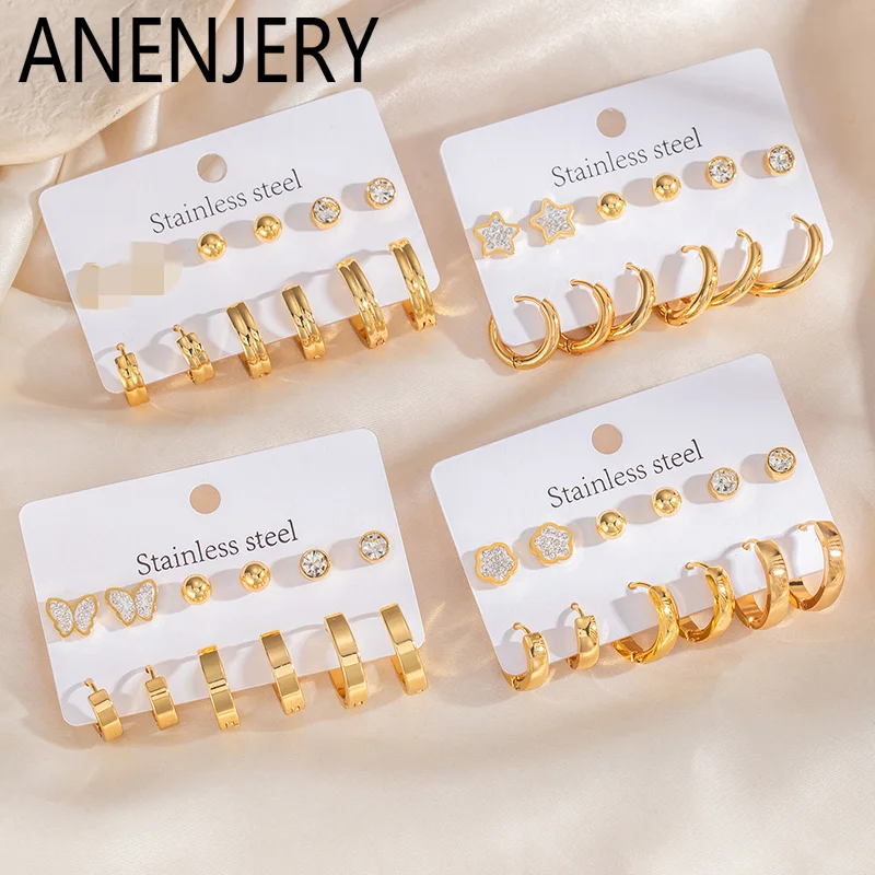 ANENJERY 316L Stainless Steel Star Flower Sparkling Zircon Stud Earrings Set For Women Temperament Simply Luxury Jewelry Gift