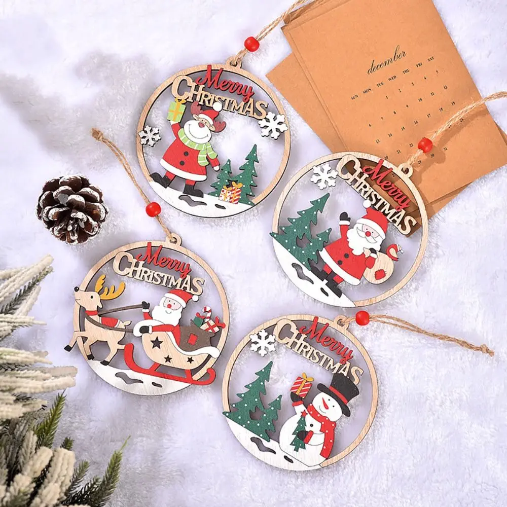 Rustic Wooden Christmas Tree Pendant Snowman/Santa Claus/Elk Round Christmas Ornament Carving Hanging Christmas Decoration Home