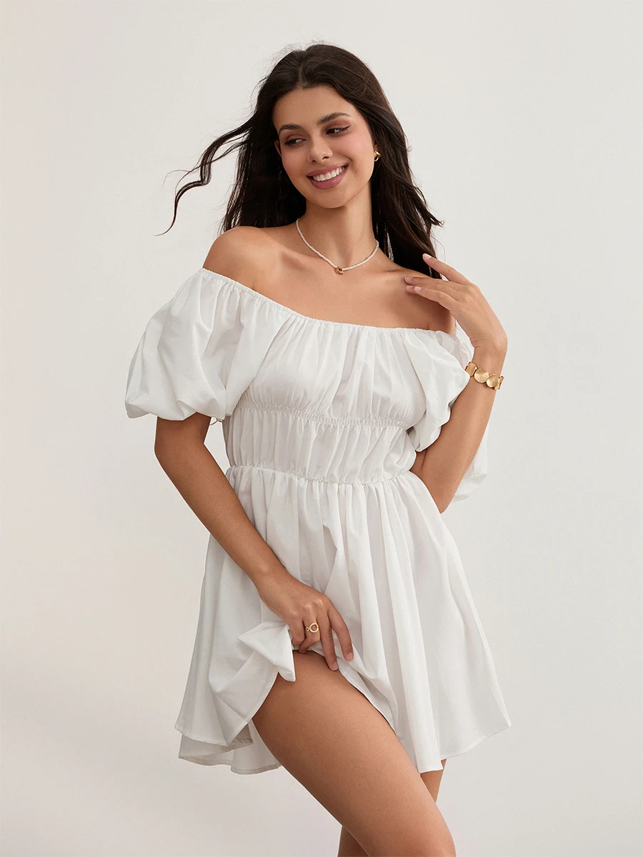 Women Summer White Mini Dress Short Puff Sleeve Off Shoulder Pleated Dress 2024 Casual Bohemian Holiday Casual Dresses