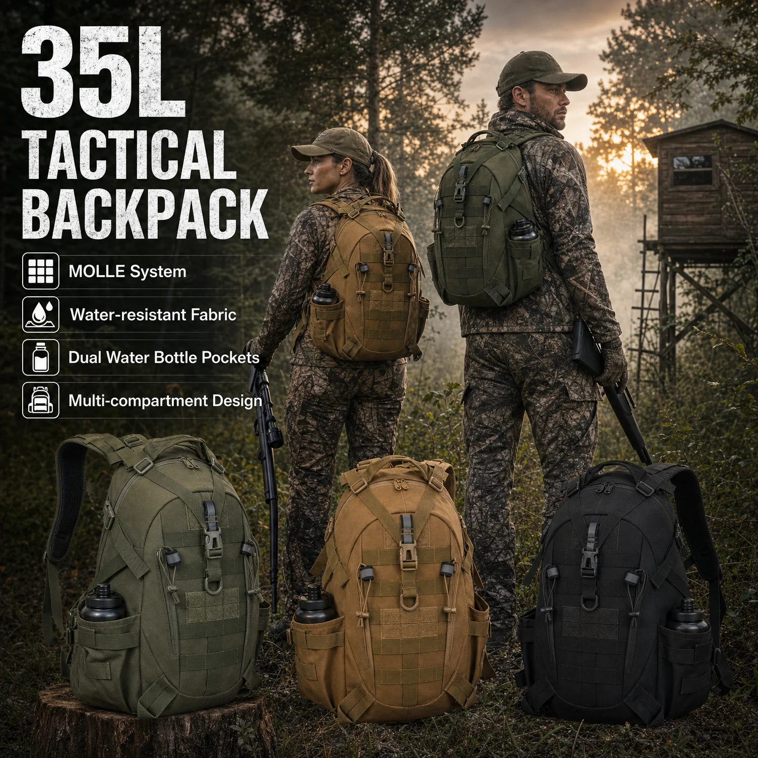 35L Tactical Hunting Backpack for Men with MOLLE System & Reflective Strip, Outdoor Hiking Rucksack with Dual Cup Holders & Compression Straps, Deer Bow Archery Elk Waterfowl Hunting Gear Bag