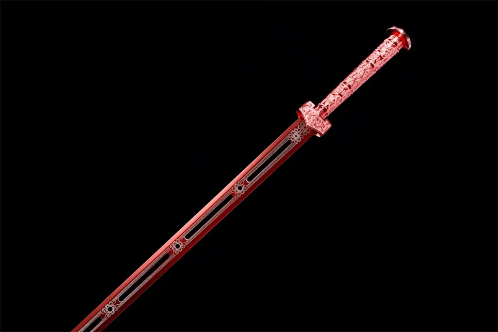 Beautiful Chinese Tradition Sword Kungfu Han-Jian Red High Manganese Steel Blade Leather Wrap Wood Sheath Full Tang - view 4