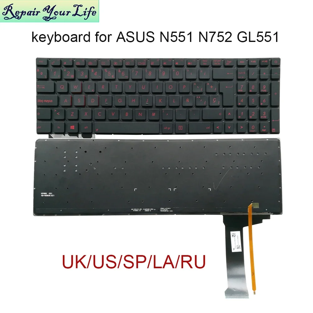 

US UK Russian Spanish Latin Backlight Keyboard For ASUS N551 N552 N751 N752 G551 GL551 N551VW Laptop Replacement Keyboards light