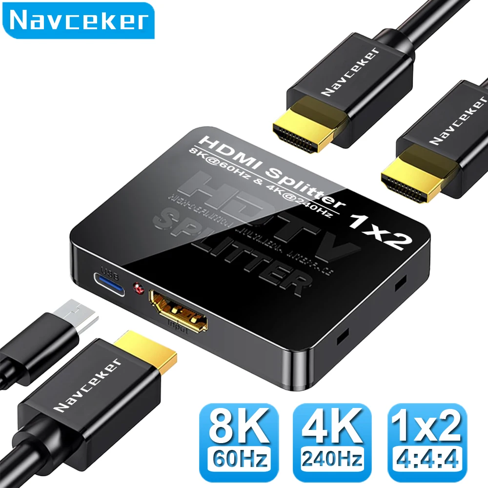 Navceker 1 in 2 Out 8K HDMI Splitter 4K 240Hz Audio Splitter HDMI 2.1 Cable Adapter 1x2 For PS5 Laptop Monitor TV Box Projector