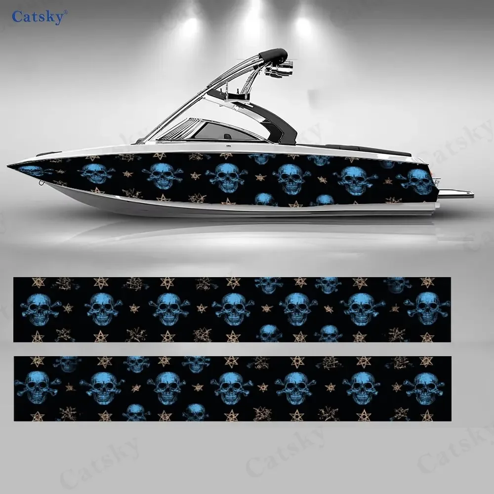 2Pcs Ice Blue Skull Starburst Boat Stickers, PVC Waterproof Vinyl Wrap Decals for Fishing Boats, Durable and Stylish Design