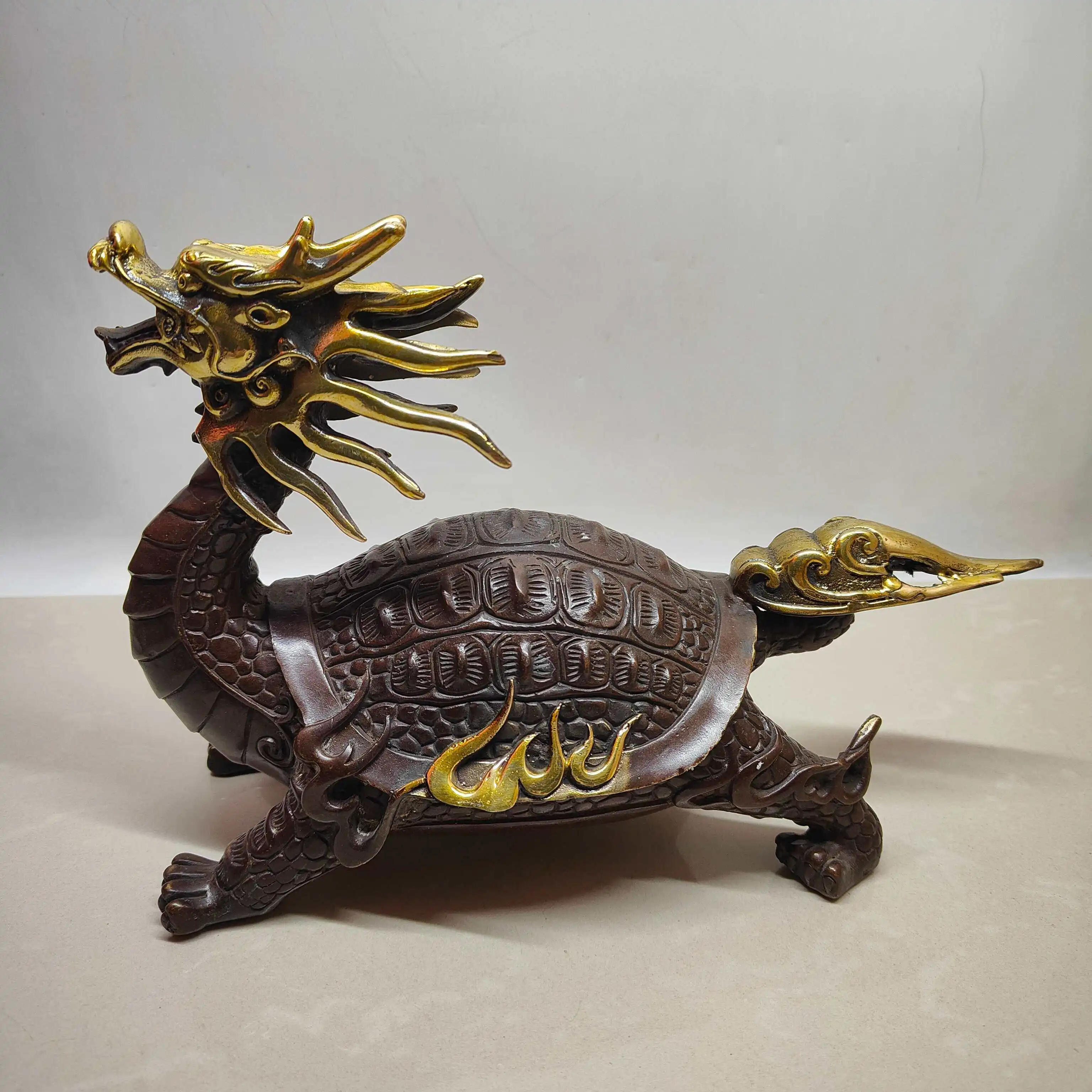 Chinese Feng Shui Dragon Turtle Bagua Statue Vintage Brass Wealth Lucky Home Office Living Room Desktop Fengshui Decor