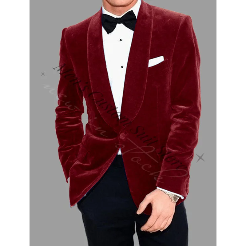 メンズカジュアルベルベットブレザージャケット、ブルーシャワンラペルスーツ、レギュラー、カスタムフィット、単色、ワンボタン、メンズパーティー、ファッション