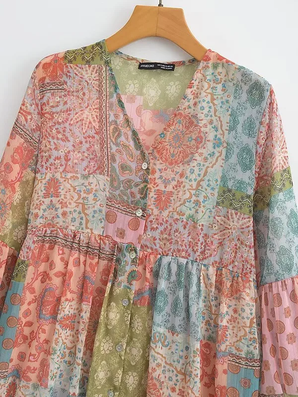 Vestido F de Manga Longa com Estampa em Patchwork, Decote em V, Moda Tendência para o Verão 2023, Saia A-Line de Cintu...
