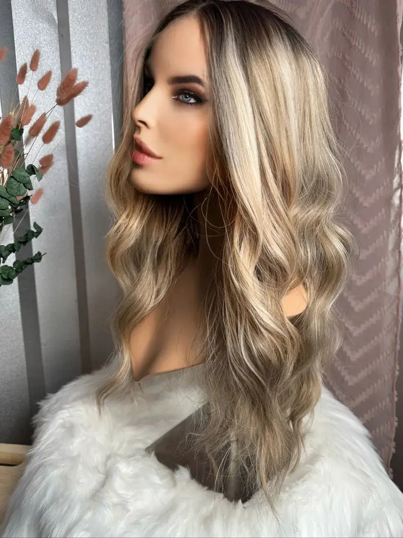 Ash Platinum Blonde Synthetic Lace Top Wigs For Women Highlight Deep Wave Full Wigs  With Dark Roots Original Factory Cheap Wigs