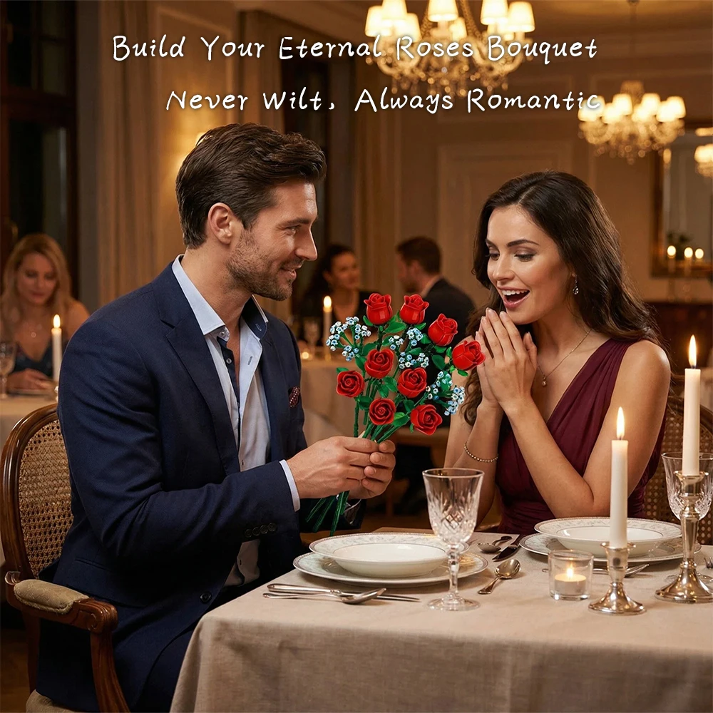 

Valentine's Day 649 PCS Bouquet Construction Women DIY Red Rose Building Blocks Ornament Everlasting Flower Toy Holiday Gift New