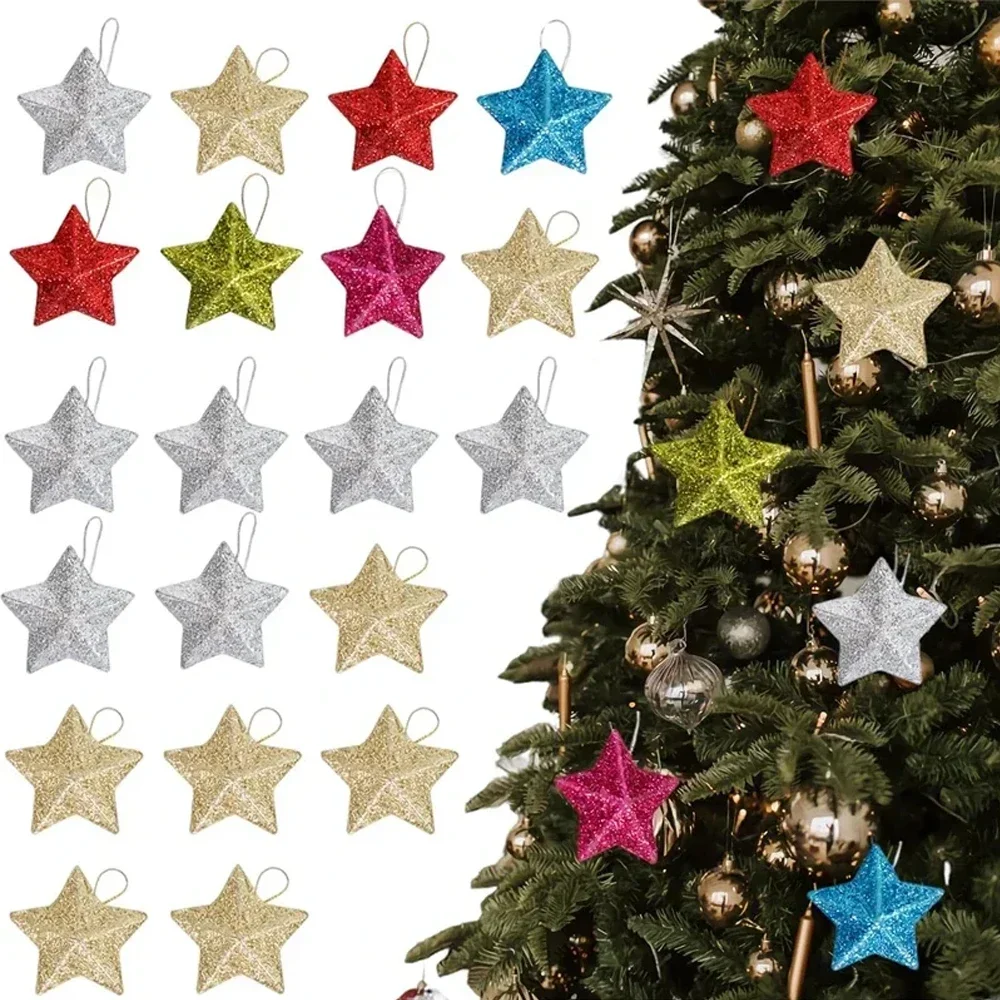 

6/12/24PCS Gold Glitter Star Ornaments Christmas Tree Pendant Plastic Christmas Decorations Addobbi Albero Di Natale Navidad