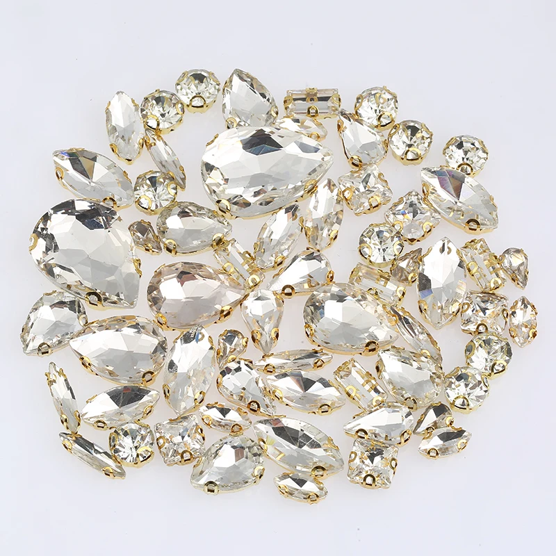 PEESOM 60pcs/bag Mixed Shape Crystal Glass Rhinestone Sliver/Gold Claw Flatback Clear Sew On Stone Dress Shoes DIY Accessories