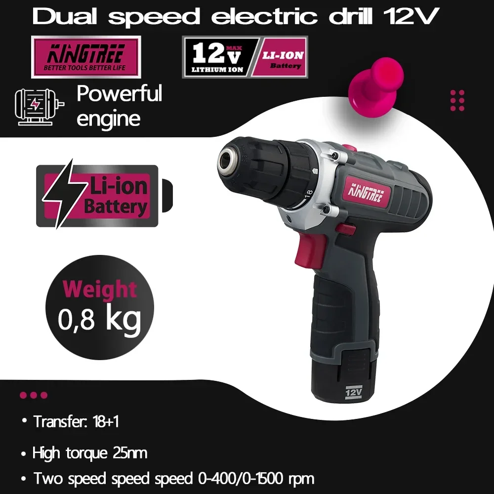 

Kingtree 12V dual speed drill 25N.m electric drill 2000mAh Lithium Battery Cordless hand power tools for Home DIYS