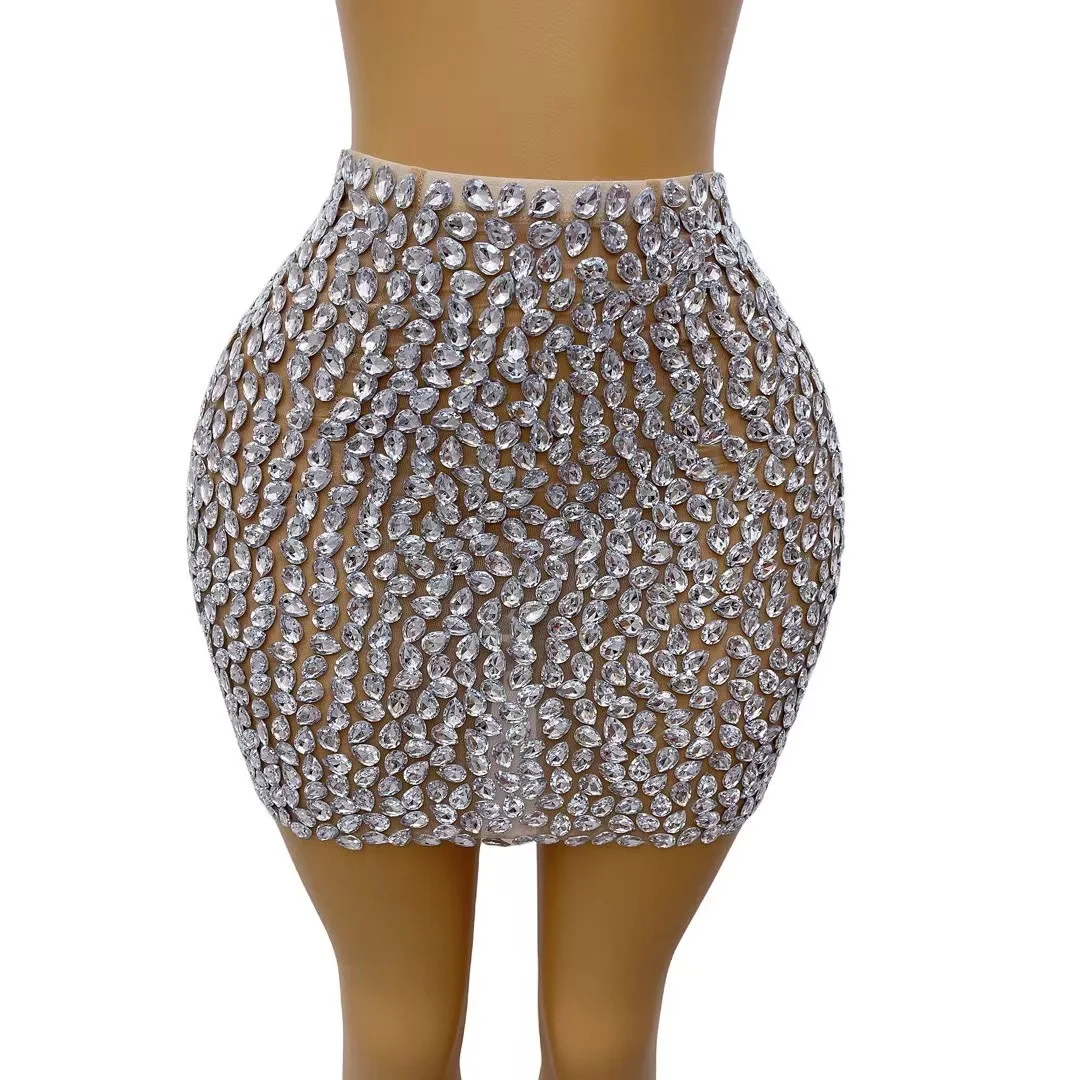 

Shinning Crvstal Diamonds Sexy Mesh SeeThrough Mini Bodycon Two-Pieces WomenBirthday Party Celebrate Performance CostumeSuitC190