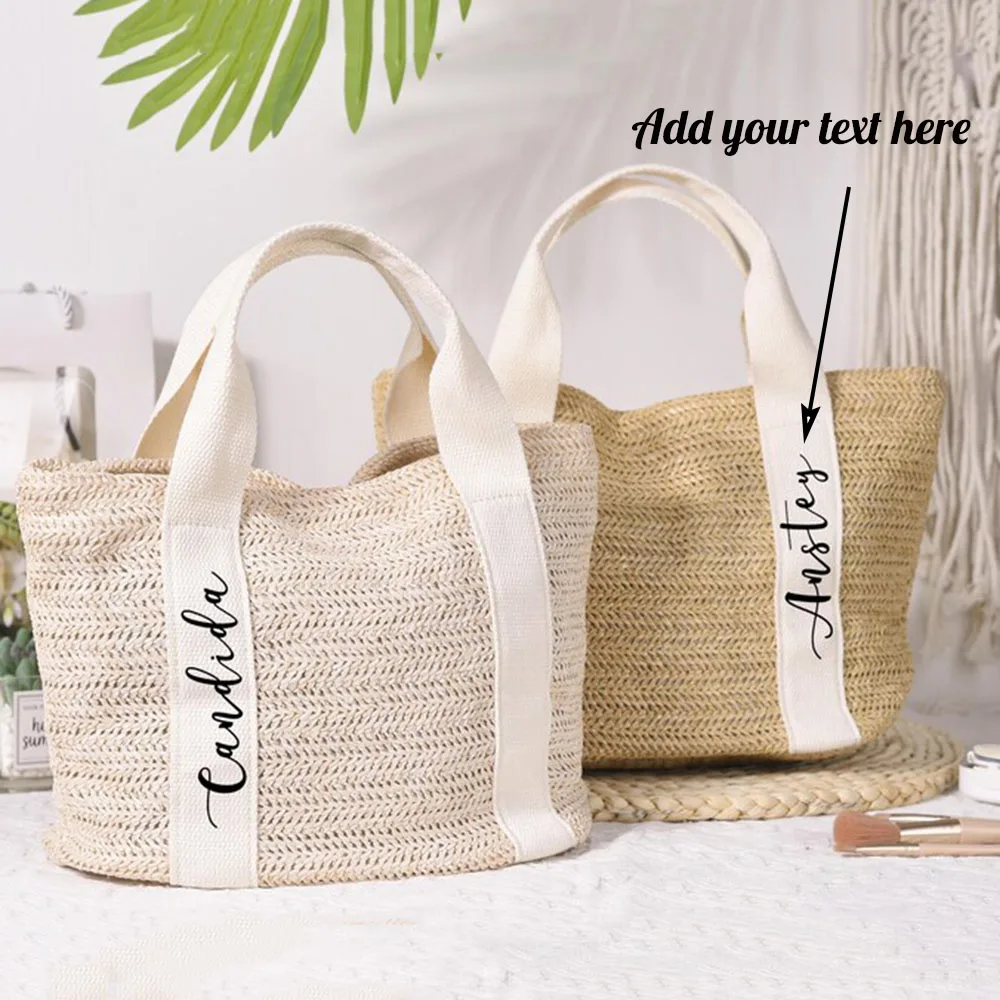 Custom Text Straw Woven Tote Bag Personalized Bridesmaid Gifts Bachelorette Party Favors Bridal Shower Bag Burlap Beach Bag
