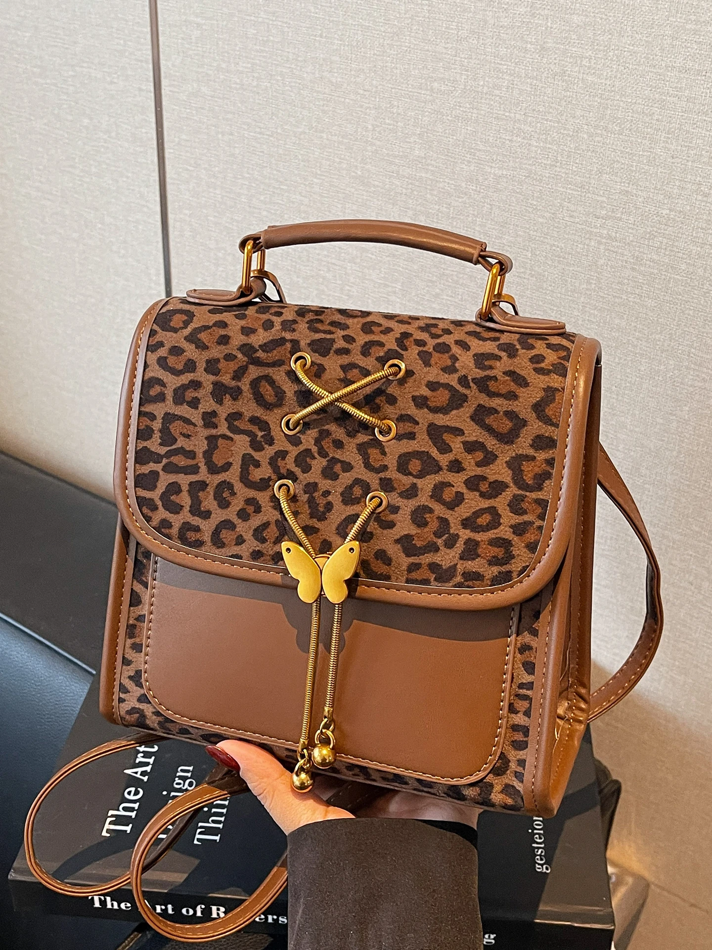 PU Faux Suede Splicing Backpack Autumn New Vintage Leopard College Students Handbag Women Flap Commute Travel High End Bag