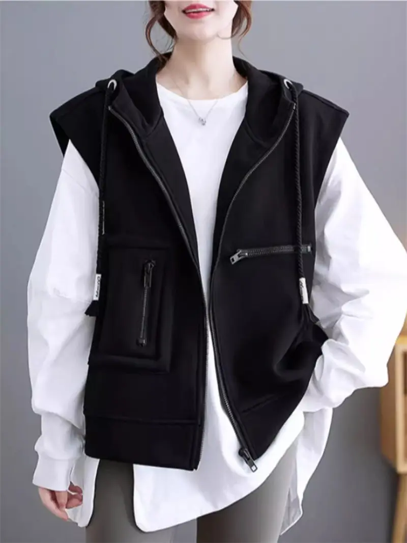 

Large Size Women's Hooded Vest Jacket Spring And Autumn 2024 New Fashionable Versatile Sports Waistcoat Outerwear Z4892