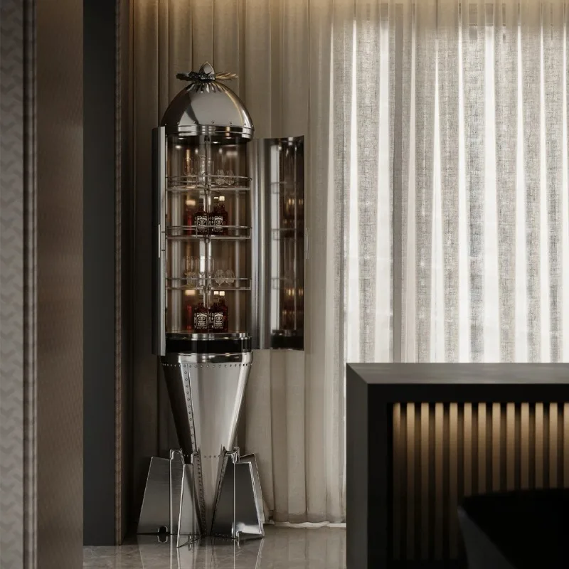 Light luxury stainless steel wine cabinet villa home living room art glass rocket-shaped display cabinet