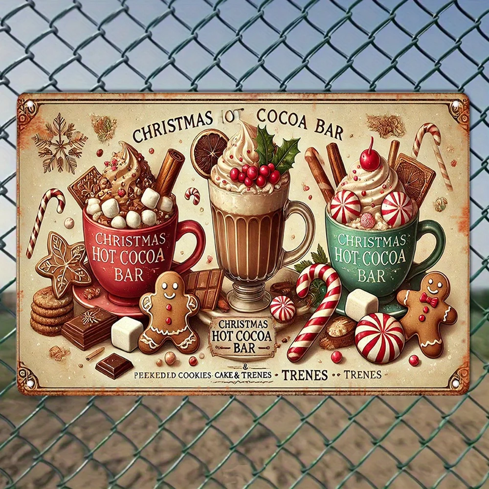2D Flat, 1pc, Vintage Christmas Cocoa Bar Metal Sign - Wall Decor Featuring Hot Cocoa & Cookies with Mug, Gingerbread, And Candy