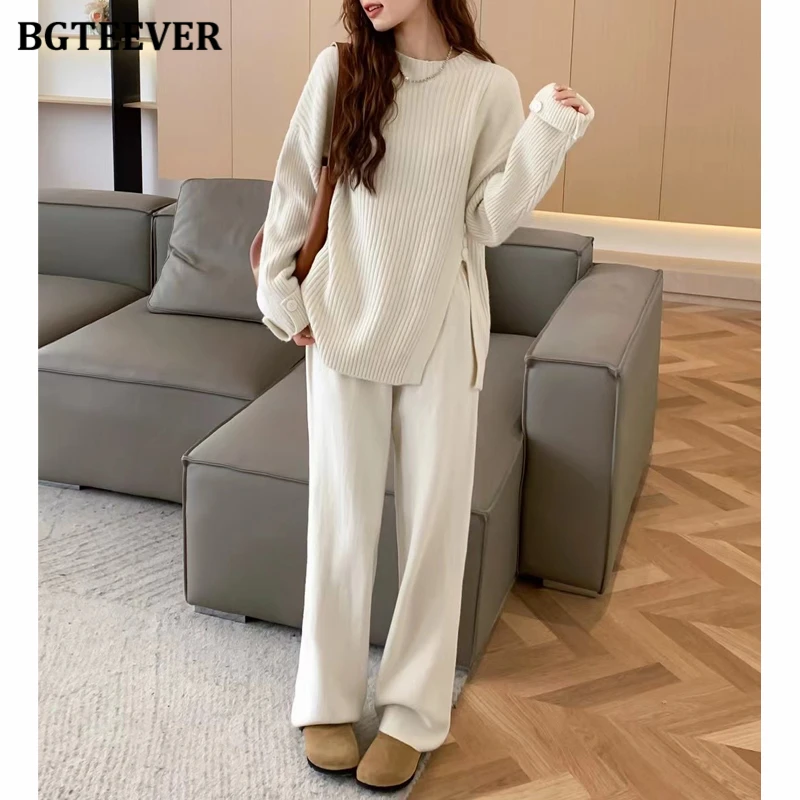 BGTEEVER Autumn Winter Warm Loose Female Knitted Outfits O-neck Side Split Sweaters Jumpers & High Waist Wide Leg Trousers