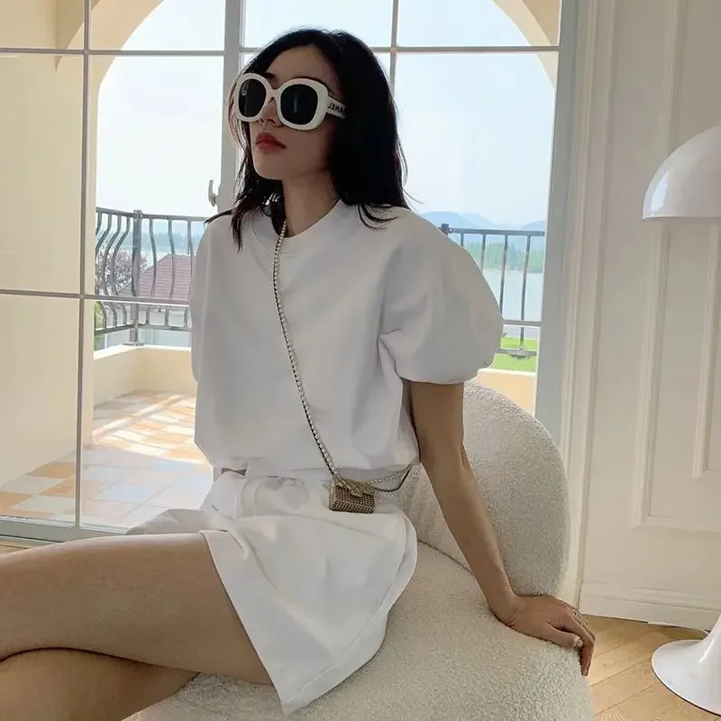 

White 2 Pcs Sets Women Temper Sporty Casual Harajuku Summer T-shirts Shorts All-match Fashion Comfort Female Korean Style Loose