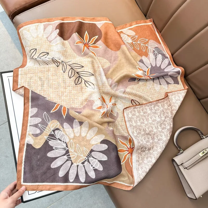 Velvet 70cm Square Scarf Double Sided Different Color Cotton Linen Feel Fashion Shawl Neck Kerchief For Spring Autumn