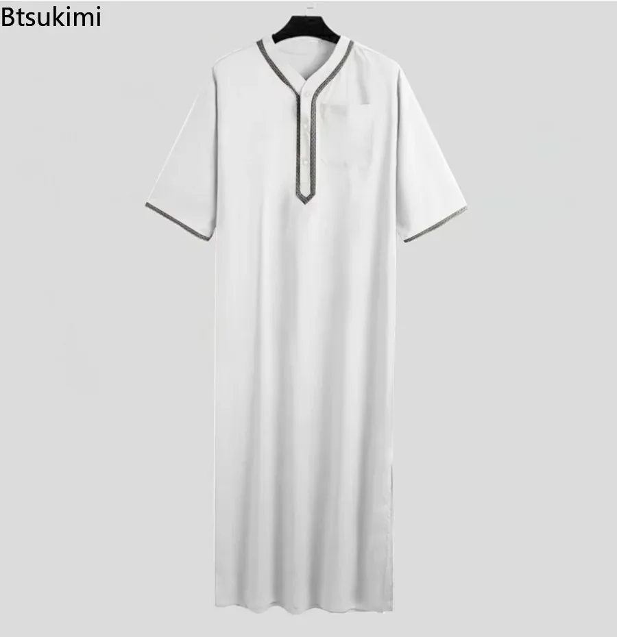 Muslim Fashion Men Jubba Thobe Solid Button Kimono Middle Robe Saudi Musulman Shirt Stand Collar Islamic Arabic Kaftan Men Abaya