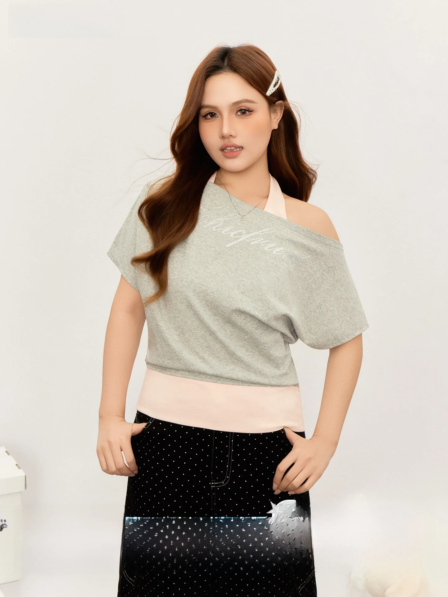 

Slimming Effectiveness Large Size Fruit Pattern Short Sleeve Women's T-Shirt Cover Belly Shoulder Baring Fake Two-Piece Top