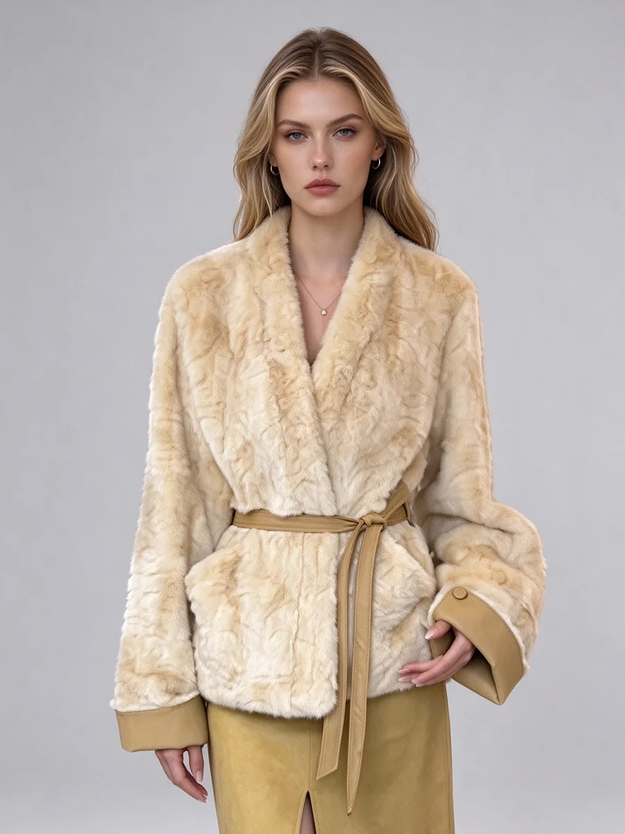 Women  V Neck Faux Fur Short Coat With Belt Leather Cuff Splicing Waist Slim Winter Warm Luxury Elegant Outerwear