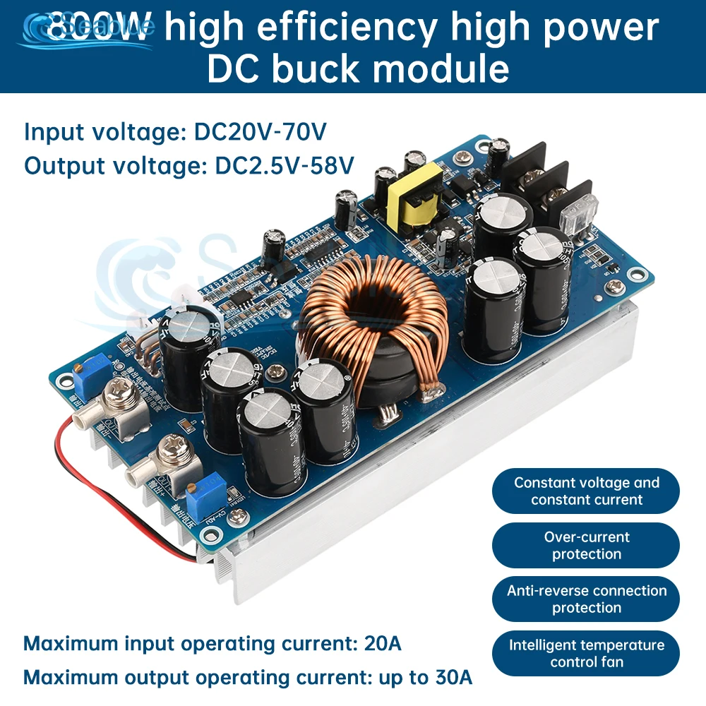 DC-DC 30A 800W Adjustable Step-down Module DC 20V-70V to DC 2.5V-58V Constant Current Voltage Regulator Buck Power Supply Module