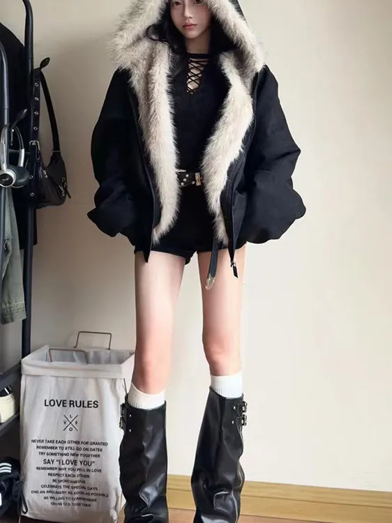 

Пушистое хлопковое пальто с меховым воротником для пар, американский стиль, зимнее, молодежное, модное, теплое, длинное, с капюшоном