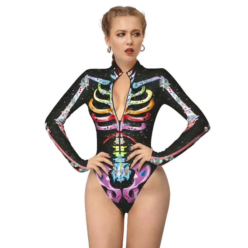 Donne spaventoso scheletro fantasma Punk stampa Halloween manica lunga Zentai body Catsuit costumi da bagno Sexy costumi Cosplay