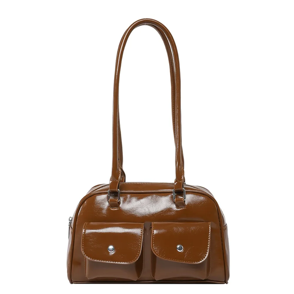 

Retro Korean Style PU Bowling Bag Patent Leather Handbag Pocket Boston Tote Bag Solid Color French Style Underarm Bag Outdoor