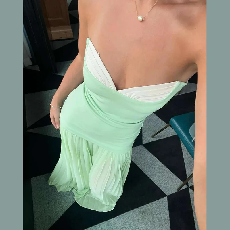 

2025 Spring New Women's Fashion Color Contrasting Sexy Slimming Bareback Pleated Waist Straightening Dress