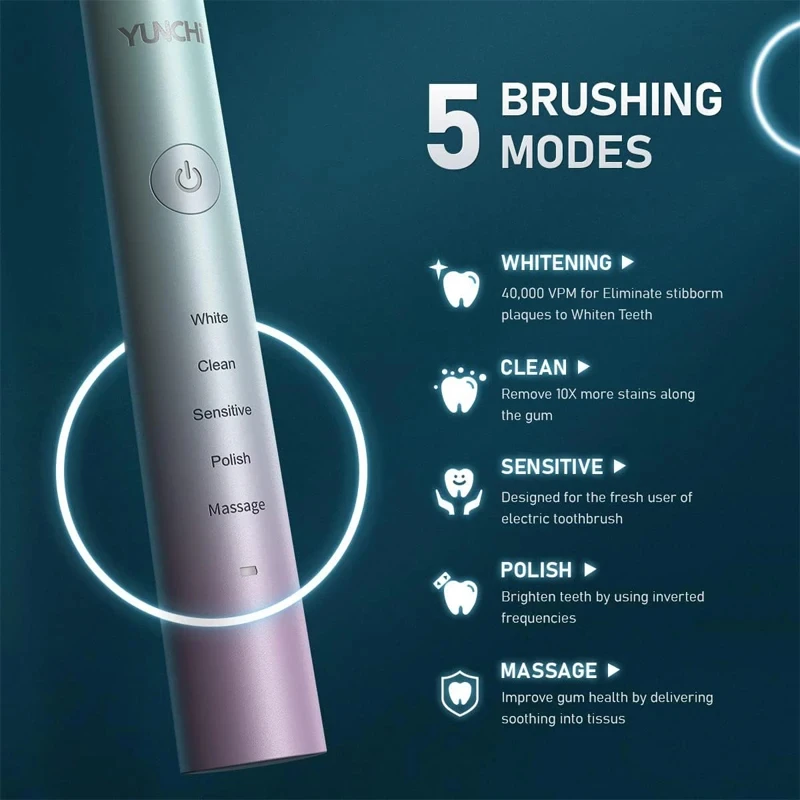 Yunchi Y7 Electric Toothbrush Rechargeable Sonic Adult Electric Toothbrushes Dupont Replacement Brush Heads 5 Brushing Modes