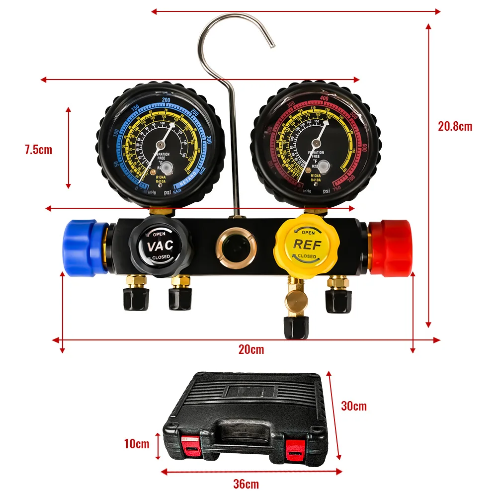 Upgraded 4-Way Air Conditioner Manifold Gauge Kit for R134A R410A R404A R22 Refrigerant with 5 ft Hose and 3 Acme Tanks for Fit