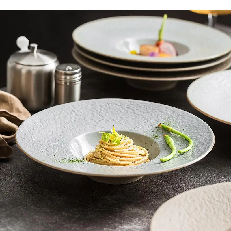 Ceramic Dinner Plate Restaurant Stone Pattern Dessert Thick Soup Plates Pasta Household Circular Tableware