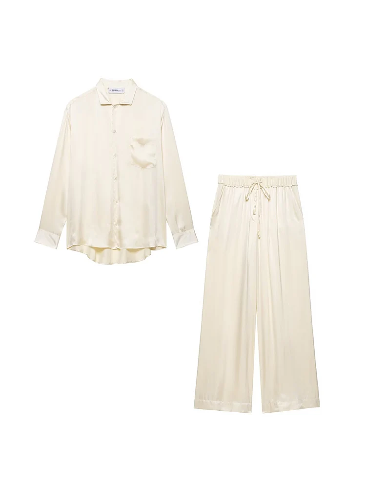 

2025 Women Summer 2-Pieces Sets Fashion Solid Loose Satin Shirts Tops and Trousers Female Elegant Street Two Suits Clothing