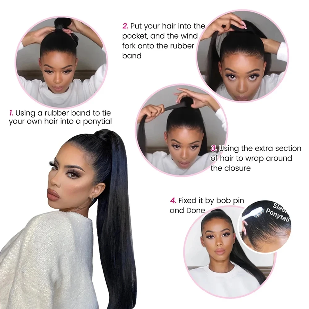 Extensiones de Cabello con Clip de cola de caballo para mujer, postizo negro, 100% cabello humano, Color Natural