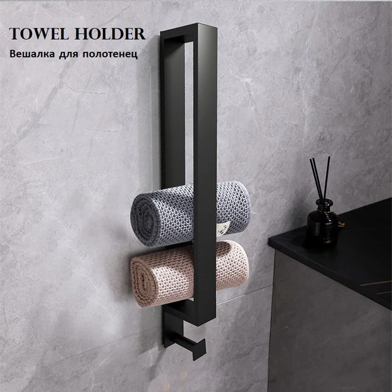 Towel Holder Towel Rack No Drilling Bathroom Towel Hanger Wall-Mounted Towel Bar 304Stainless Steel Black Toilet Towel Storage