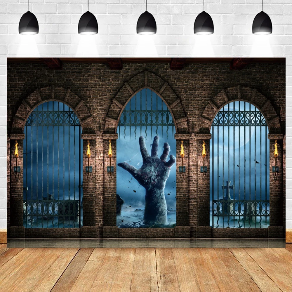 

Halloween Night Photography Backdrop Skeleton Stone Door Photocall Party Decor Background Baby Photo Studio Photographic Prop