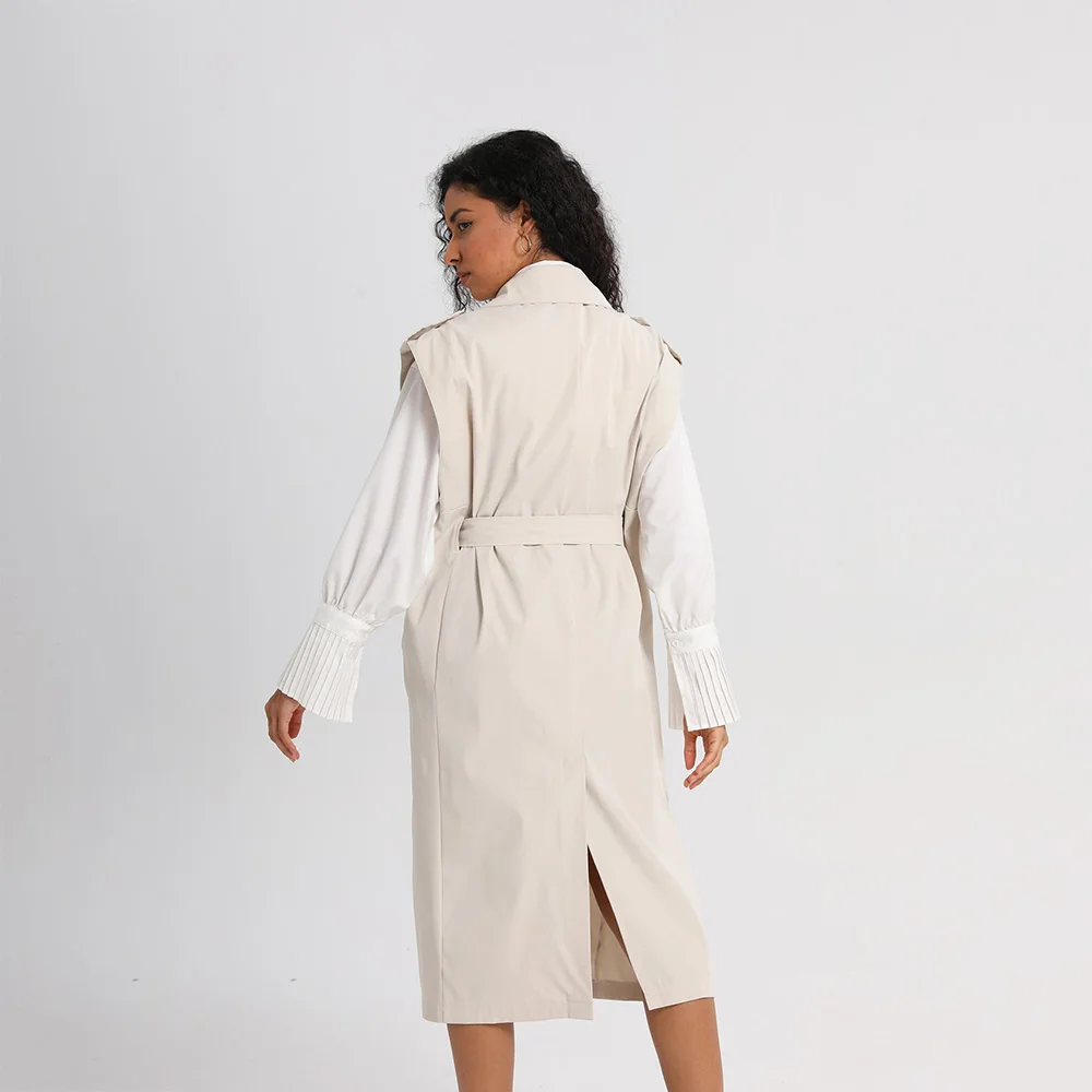 JHJN Trench da donna francese senza maniche con tasca Capispalla allentato casual Cappotto doppiopetto Cintura di tendenza solida Gilet lungo