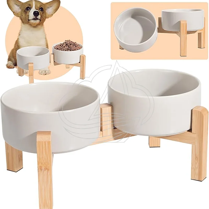 Elevated Ceramic Raised Pet Bowl Non-Slip Bamboo Stand Double Feeding Bowl for Cats Dogs