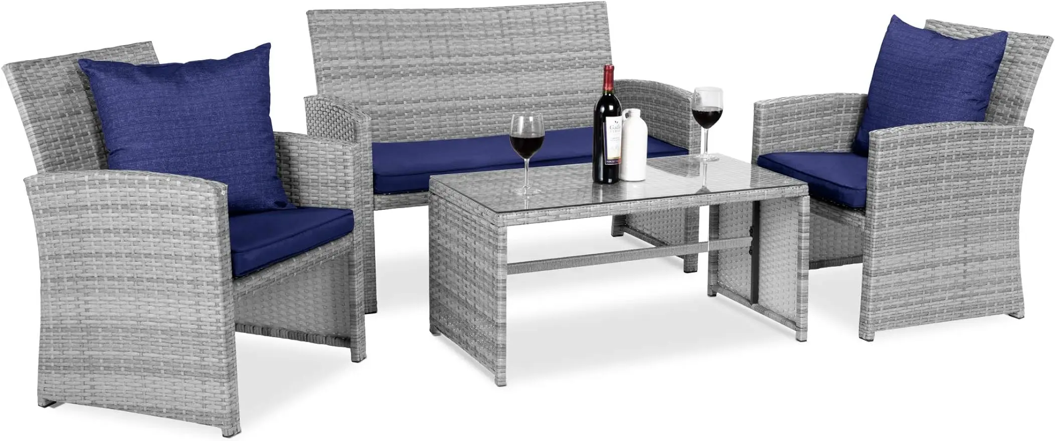 

4-Piece Outdoor Wicker Patio Conversation Furniture Set for Backyard, Deck, Poolside w/Coffee Table, Seat Cushions